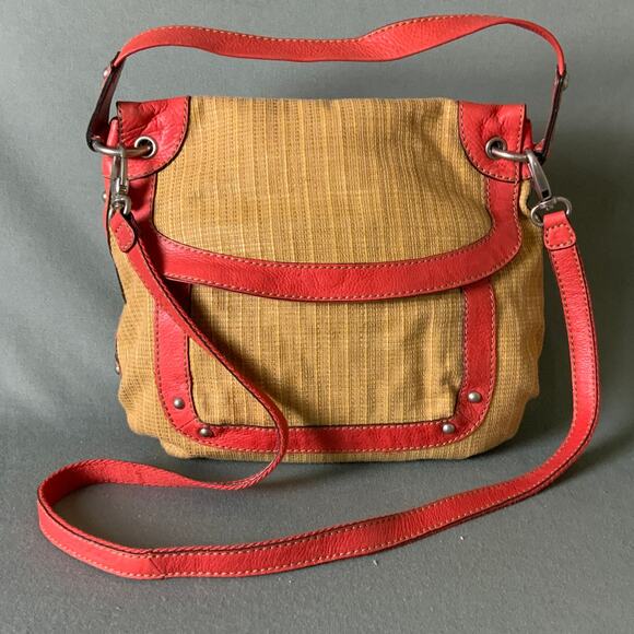 FOSSIL Red Leather Strap Tan Straw Woven Handbag Versatile - Picture 5 of 15